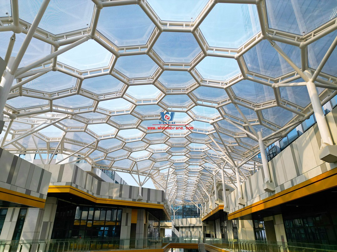 Finished, this ETFE air pillow commercial canopy is shining!