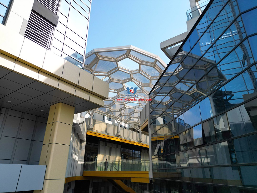 Finished, this ETFE air pillow commercial canopy is shining!