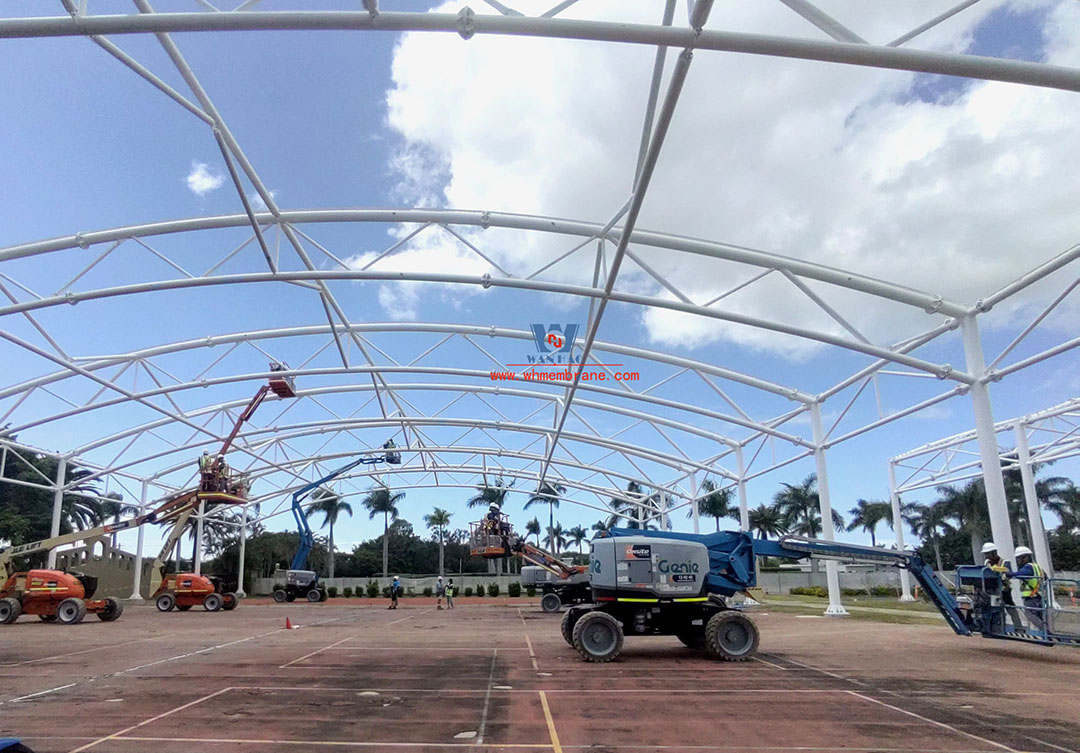 The Australian Hope Island Tennis Center PTFE membrane roof is fully under construction
