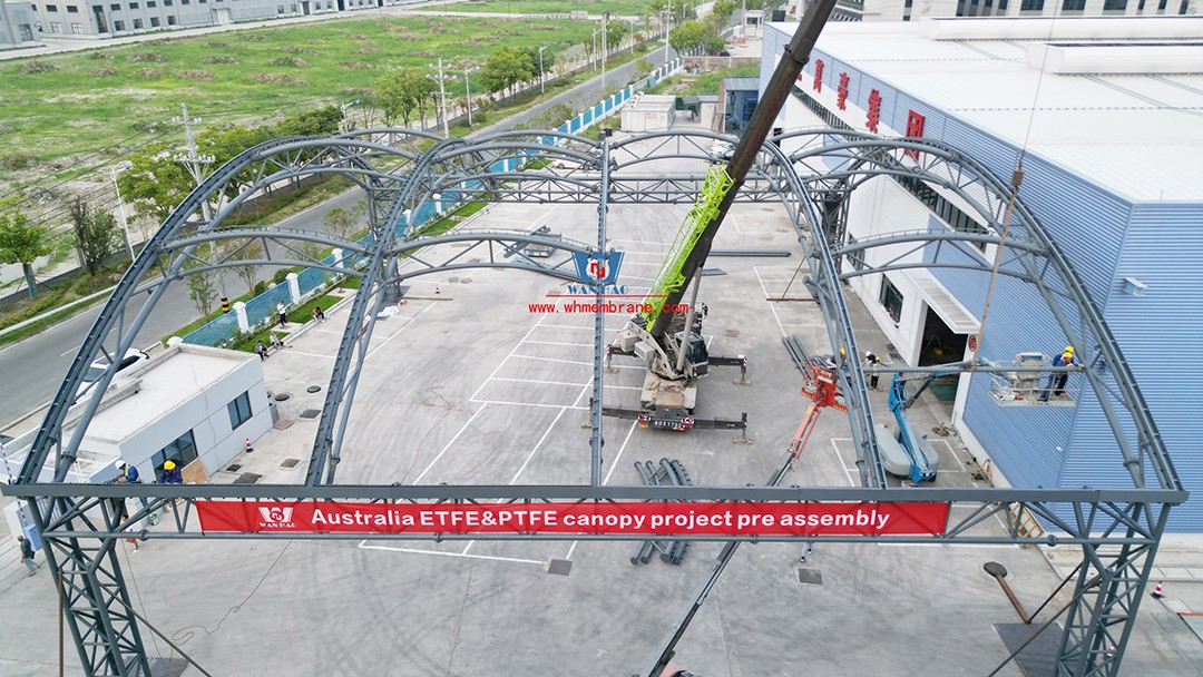 The Australian Hope Island Tennis Center PTFE membrane roof is fully under construction