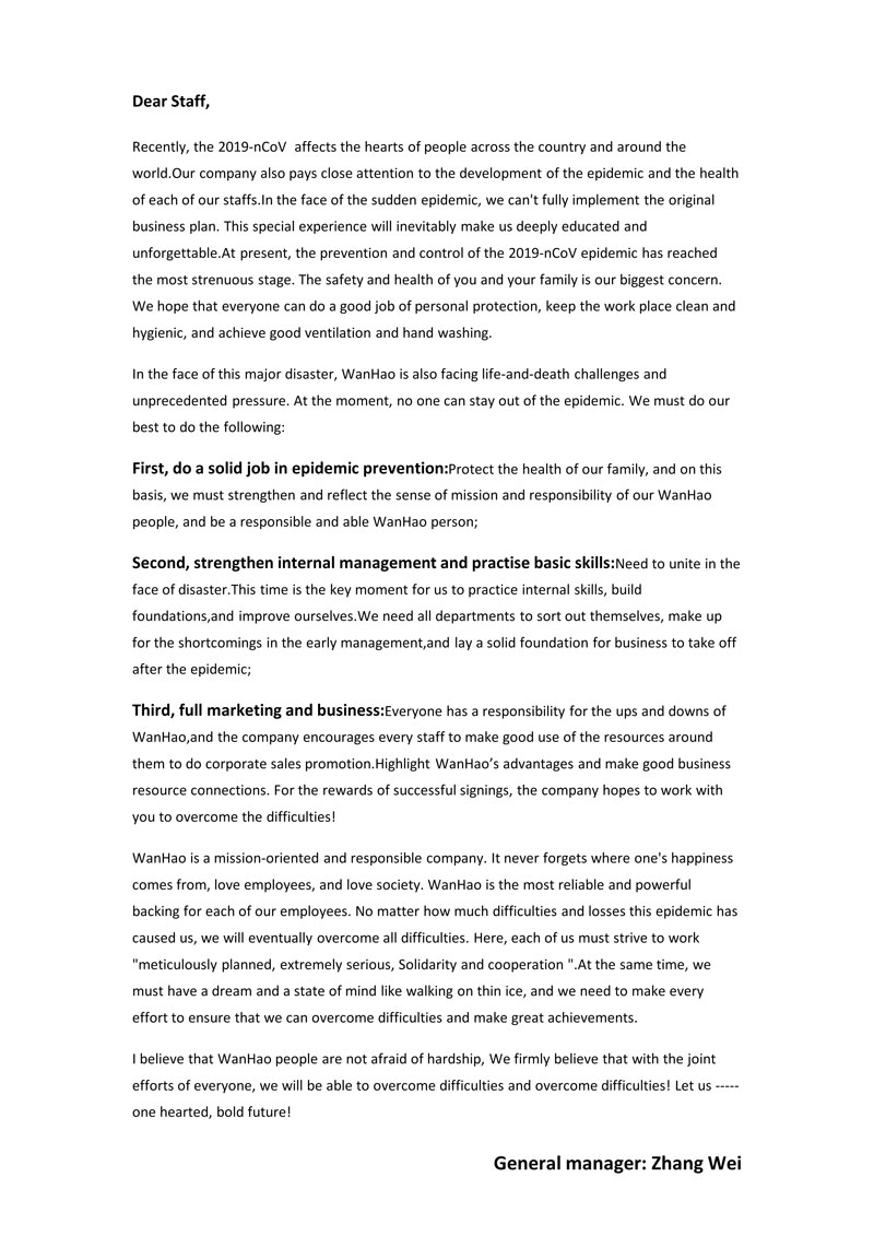 A letter to all WanHao’s employees