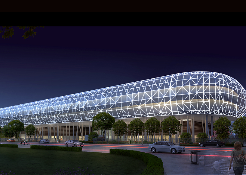 هيكل واجهة غشائية شبكية لقاعة معرض فاز موتور.