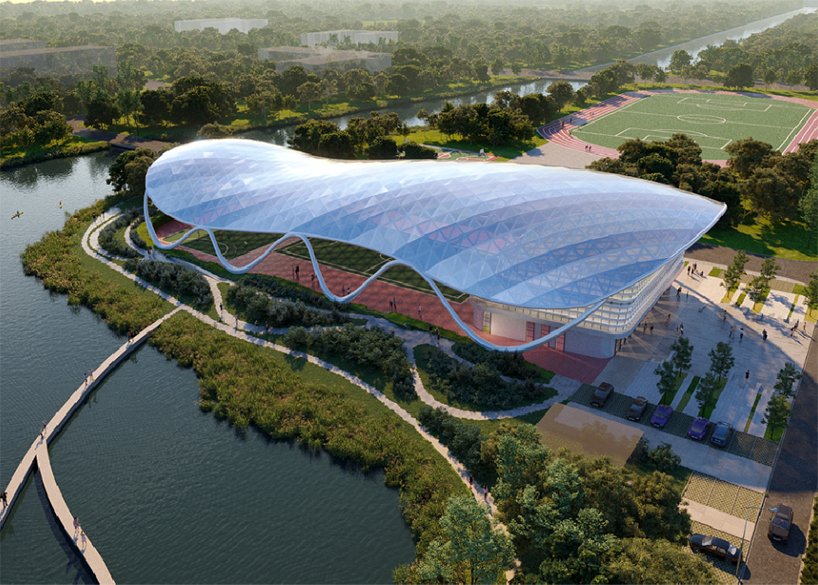 هيكل شدّي من رقائق ETFE أحادية الطبقة خاص بإنشاء ملعب الجامعة، من تنفيذ وانهاو.