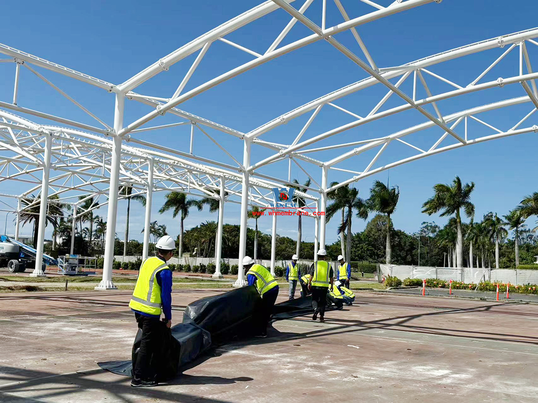 The Australian Hope Island Tennis Center PTFE membrane roof is fully under construction